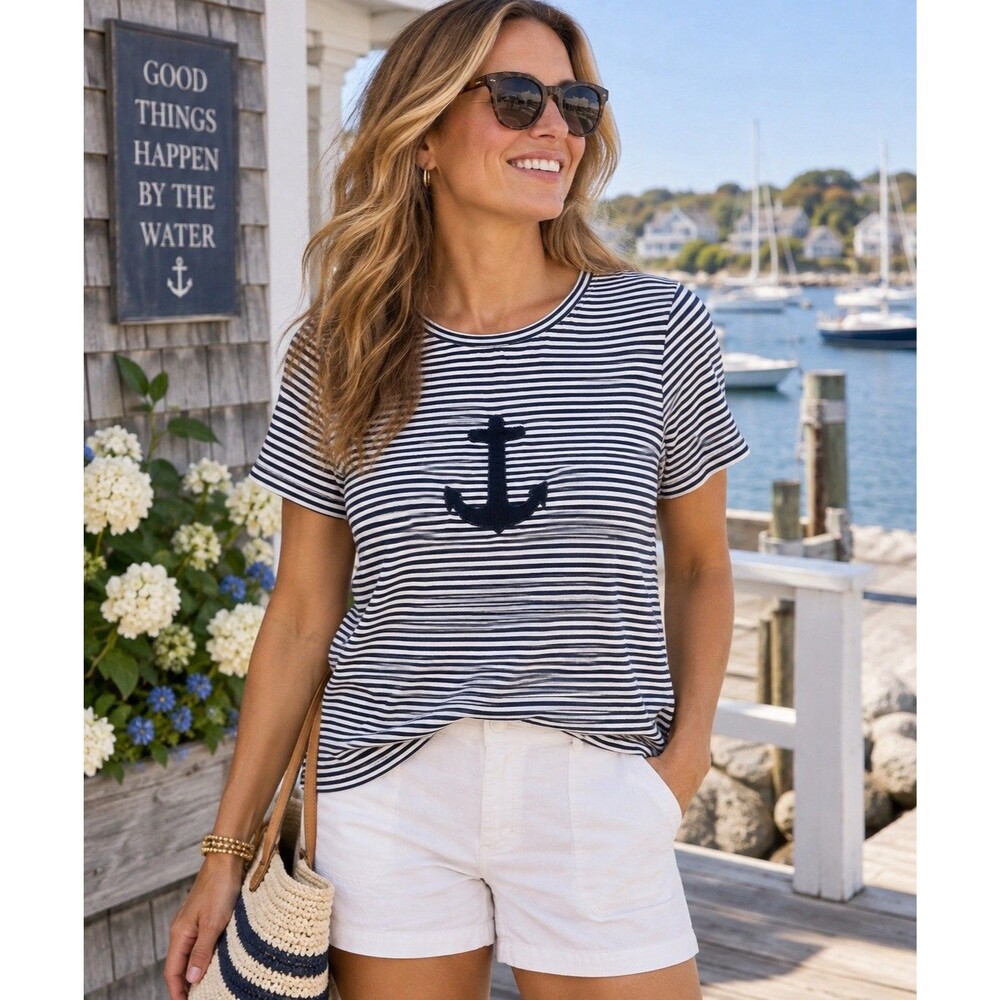 Talbots Women’s Large Navy White Striped Embroidered Anchor Nautical Coastal Top